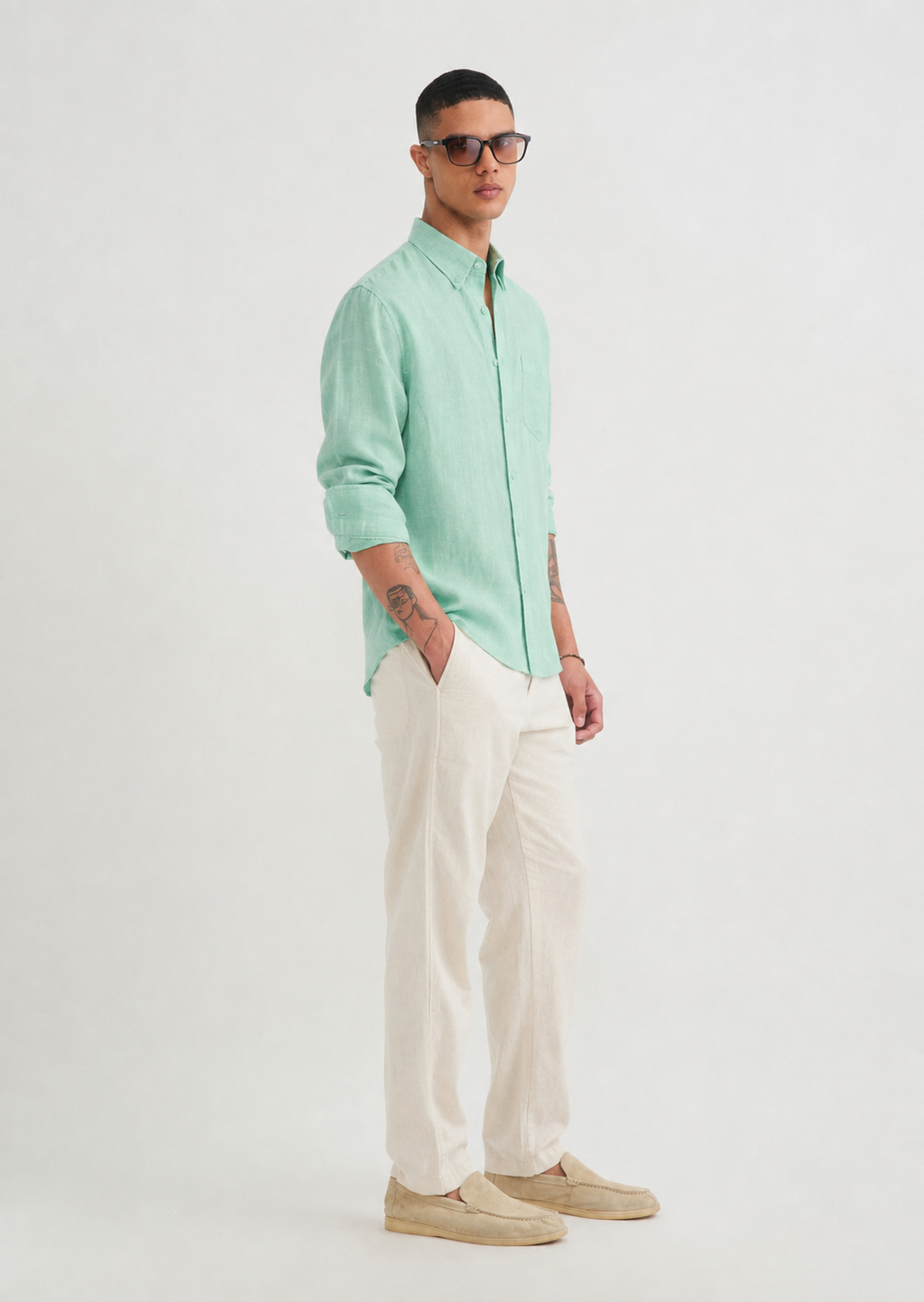 100% PURE LINEN GREEN SHIRT