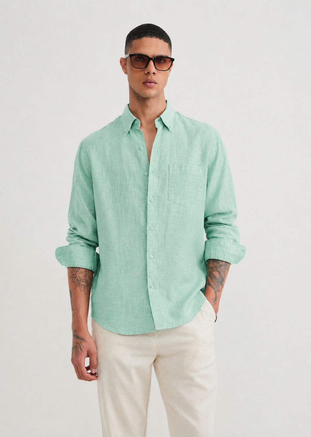 100% PURE LINEN GREEN SHIRT